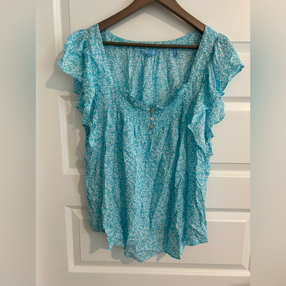 Draper James Flutter Blouse White Blue Size XXL